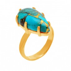 Handmade Prong Setting Turquoise Pear Cabochon Gemstone 925 Sterling Silver Gold Plated Jewelry Ring