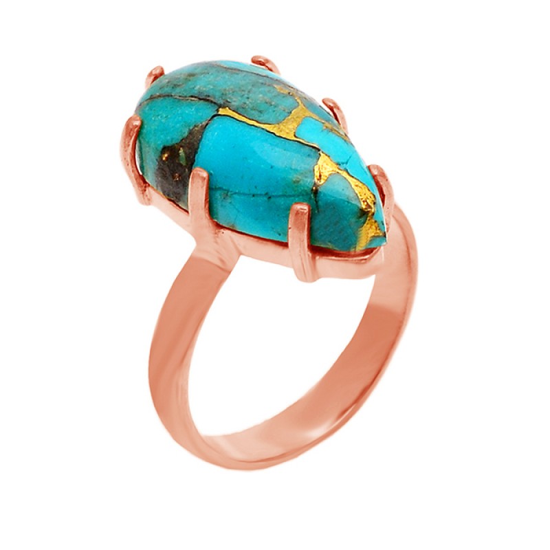Handmade Prong Setting Turquoise Pear Cabochon Gemstone 925 Sterling Silver Gold Plated Jewelry Ring