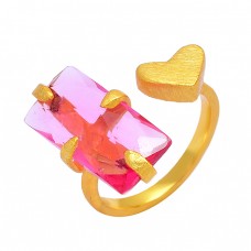 Pink Quartz Rectangle Shape Gemstone 925 Sterling Silver Gold Plated Designer Ring Jewelry