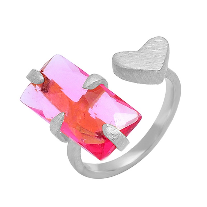 Pink Quartz Rectangle Shape Gemstone 925 Sterling Silver Gold Plated Designer Ring Jewelry