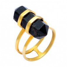 Pencil Shape Black Onyx Gemstone 925 Sterling Silver Gold Plated Handmade Ring Jewelry