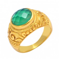 Oval Shape Green Onyx Gemstone 925 Sterling Silver Gold Plated Designer Ring