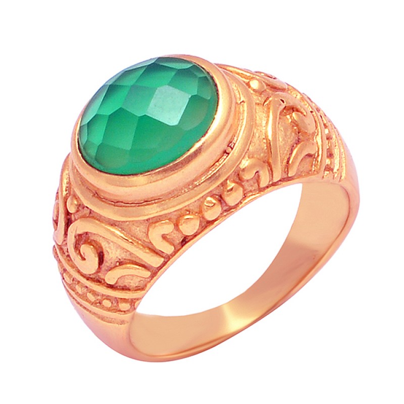 Oval Shape Green Onyx Gemstone 925 Sterling Silver Gold Plated Designer Ring