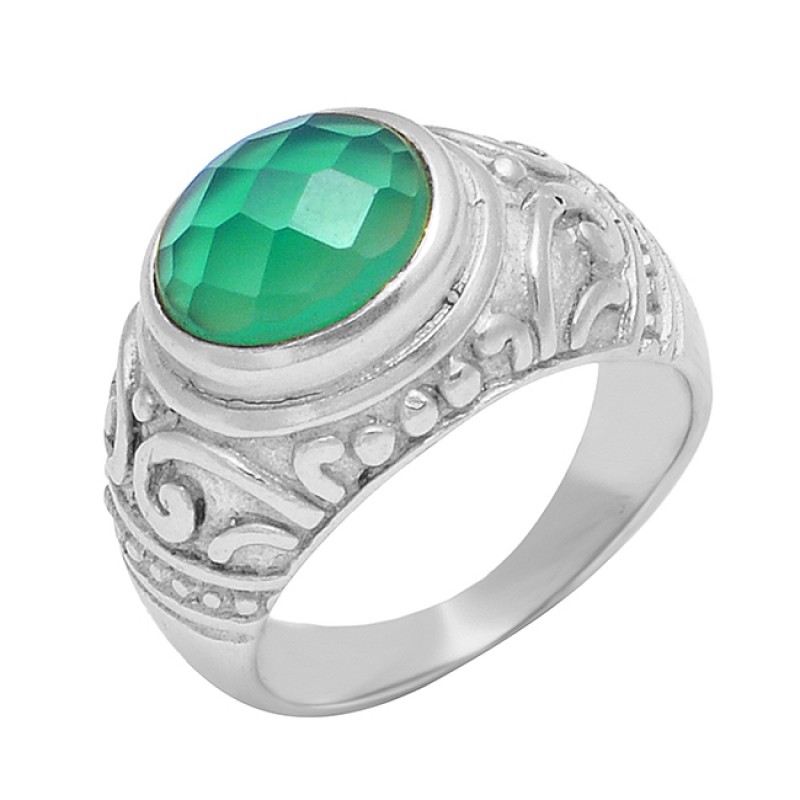 Oval Shape Green Onyx Gemstone 925 Sterling Silver Gold Plated Designer Ring