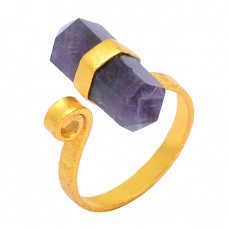 925 Sterling Silver Amethyst Pencil Shape Gemstone Gold Plated Handmade Designer Ring