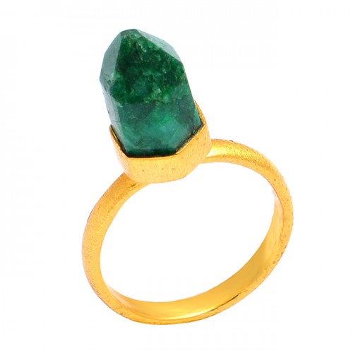 Stylish Pencil Shape Emerald Gemstone 925 Sterling Silver Gold Plated Handmade Designer Ring