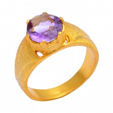 925 Sterling Silver Amethyst Round Shape Gemstone Gold Plated Designer Ring Jewelry