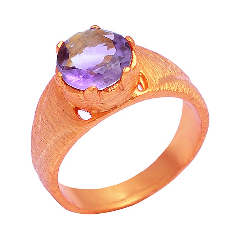 925 Sterling Silver Amethyst Round Shape Gemstone Gold Plated Designer Ring Jewelry