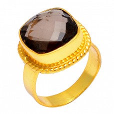 Smoky Quartz Cushion Shape Gemstone 925 Sterling Silver Gold Plated Designer Ring Jewelry