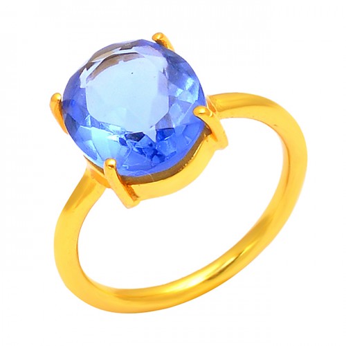 Oval Shape Blue Quartz Gemstone 925 Sterling Silver Gold Plated Prong Setting Ring Jewelry