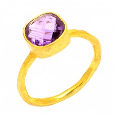 Cushion Shape Amethyst Gemstone 925 Sterling Silver Gold Plated Handmade Ring Jewelry
