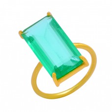 Green Apatite Rectangle Shape Gemstone 925 Sterling Silver Gold Plated Designer Ring