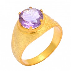 Amethyst Round Shape Gemstone 925 Sterling Silver Gold Plated Prong Setting Ring Jewelry