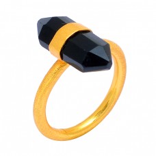 925 Sterling Silver Pencil Shape Black Onyx Gemstone Gold Plated Designer Ring Jewelry