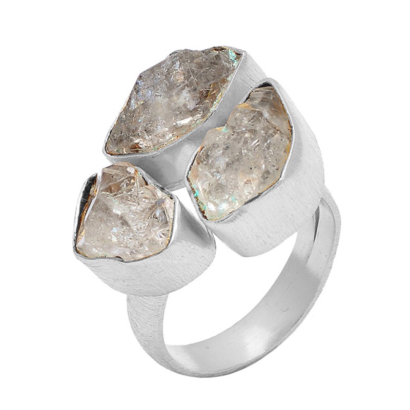 Handmade Designer Herkimer Diamond Rough Gemstone 925 Silver Gold Plated Ring 