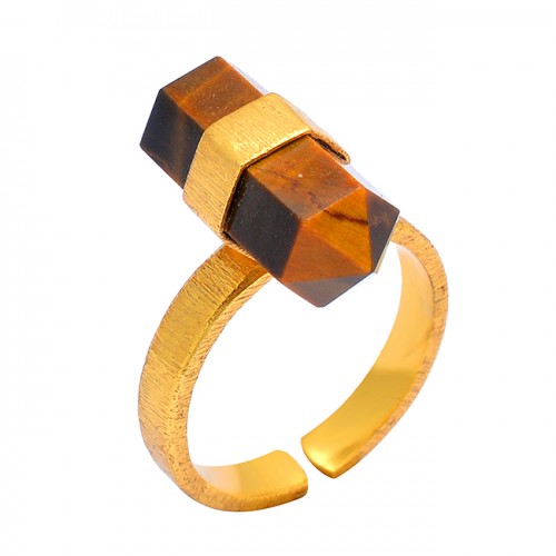 925 Sterling Silver Tiger Eye Pencil Shape Gemstone Gold Plated Handmade Ring Jewelry
