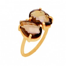 Smoky Quartz Faceted Pear Shape Gemstone 925 Sterling Silver Gold Plated Ring Jewelry