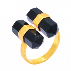 Black Onyx Double Point Shape Pencil Shape Gemstone 925 Sterling Silver Gold Plated Ring