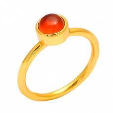 Round Cabochon Carnelian Gemstone 925 Sterling Silver Gold Plated Handcrafted Designer Ring