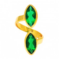 925 Sterling Silver Marquise Shape Green Quartz Gemstone Gold Plated Band Style Ring