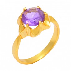 925 Sterling Silver Amethyst Round Shape Gemstone Designer Band Gold Plated Ring