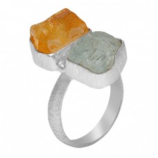 Raw Material Rough Aquamarine Citrine Gemstone 925 Sterling Silver Jewelry Ring