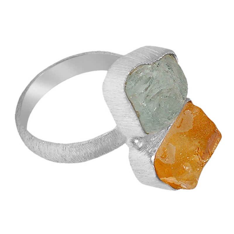 Raw Material Rough Aquamarine Citrine Gemstone 925 Sterling Silver Jewelry Ring