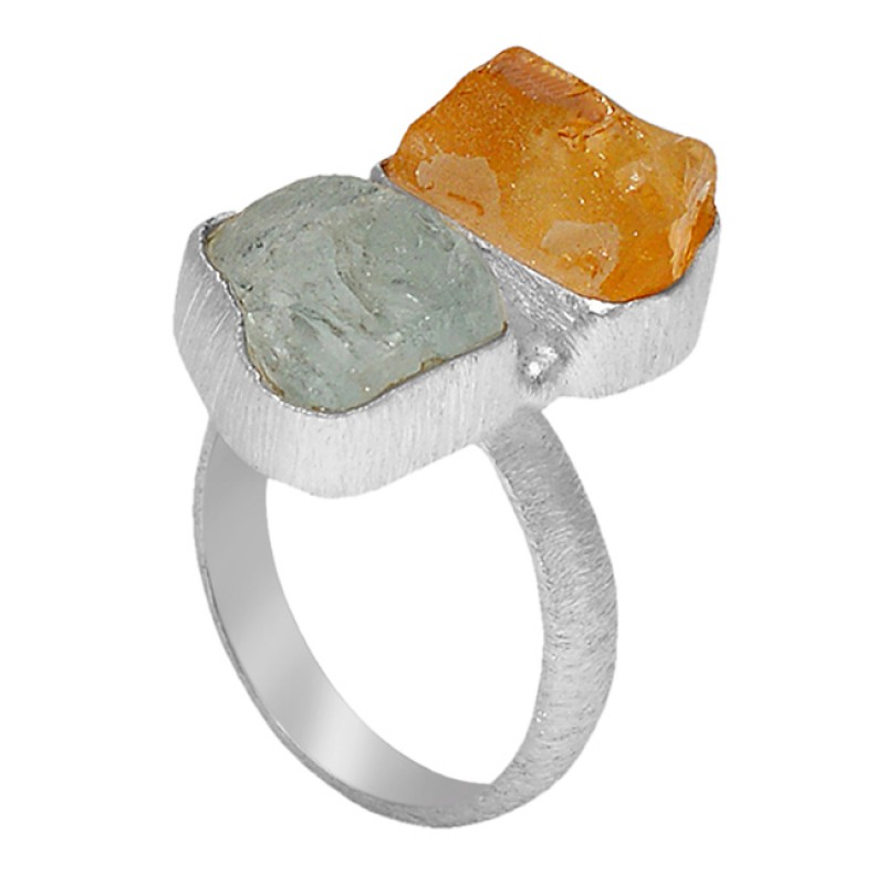 Raw Material Rough Aquamarine Citrine Gemstone 925 Sterling Silver Jewelry Ring