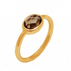 Faceted Oval Shape Smoky Quartz Gemstone 925 Sterling Silver Gold Plated Ring Jewelry