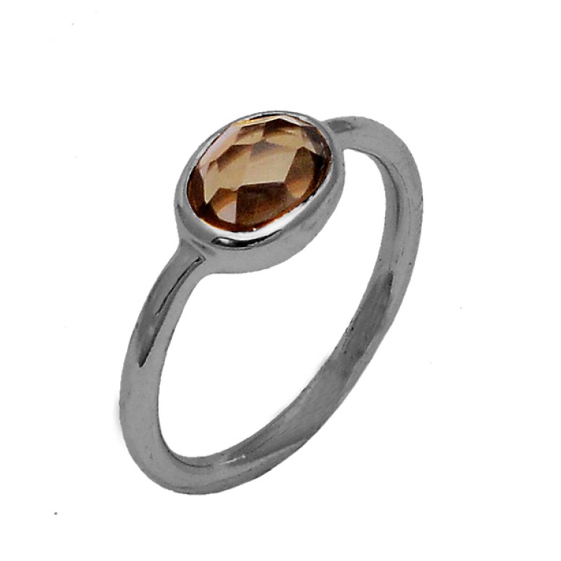 Faceted Oval Shape Smoky Quartz Gemstone 925 Sterling Silver Gold Plated Ring Jewelry