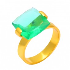 Square Shape Green Quartz Gemstone 925 Stering Silver Gold Plated Handamde Ring Jewelry