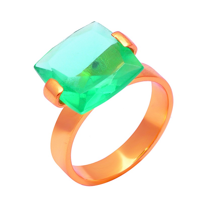 Square Shape Green Quartz Gemstone 925 Stering Silver Gold Plated Handamde Ring Jewelry