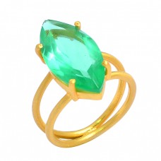 925 Sterling Silver Green Quartz Marquise Shape Gemstone Prong Setting Gold Plated Ring