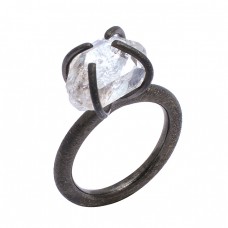 925 Sterling Silver Crystal Rough Gemstone Black Rhodium Handmade Prong Setting Ring Jewelry