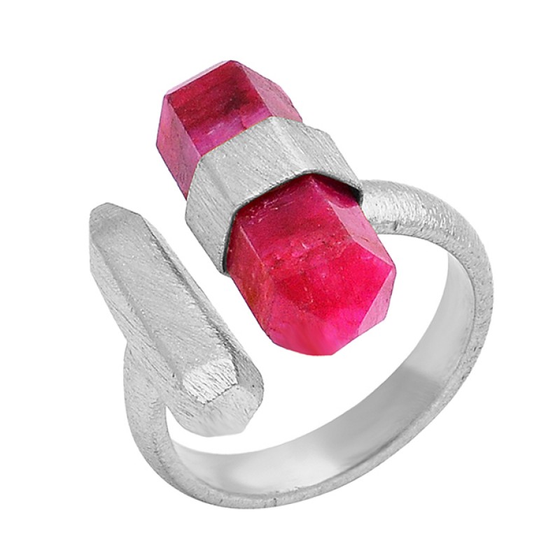 Handcrafted Designer Pencil Shape Ruby Gemstone 925 Sterling Silver Gold Plated Ring Jewelry
