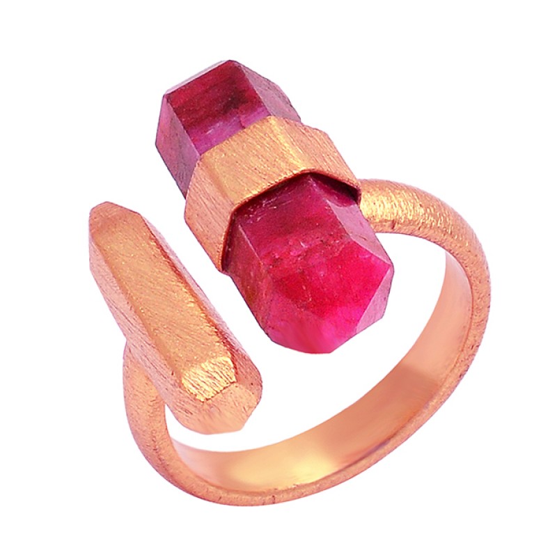 Handcrafted Designer Pencil Shape Ruby Gemstone 925 Sterling Silver Gold Plated Ring Jewelry