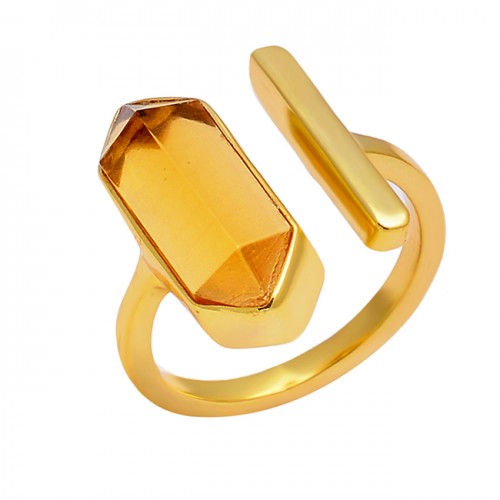 Stylish Handcrafted Designer Citrine Pencil Shape Gemstone 925 Sterling Silver Gold Plated Ring