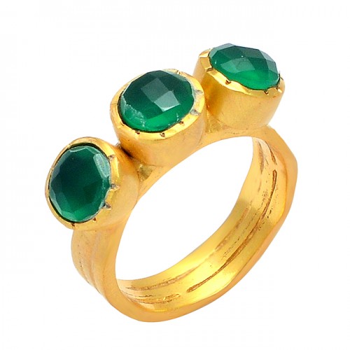Green Onyx Round Shape Gemstone 925 Sterling Silver Gold Plated Handmade Designer Ring