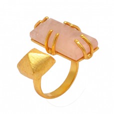 Rectangle Shape Rose Chalcedony Gemstone 925 Sterling Silver Gold Plated Designer Ring 