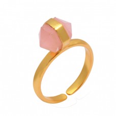 Pencil Shape Rose Chalcedony Gemstone 925 Sterling Silver Gold Plated Adjustable Ring Jewelry