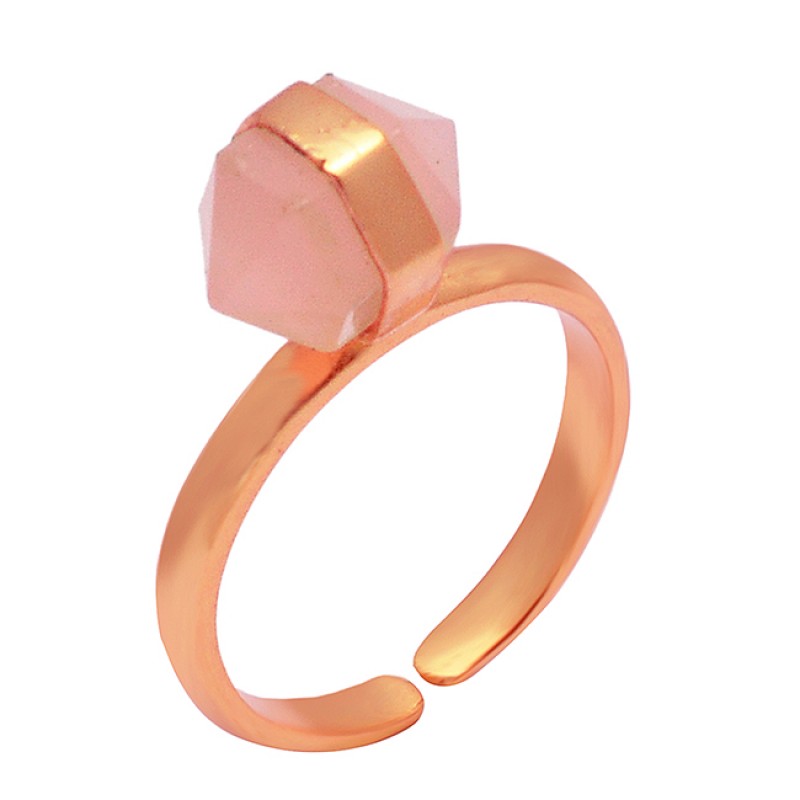 Pencil Shape Rose Chalcedony Gemstone 925 Sterling Silver Gold Plated Adjustable Ring Jewelry