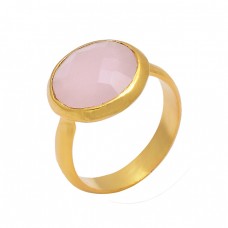 Rose Chalcedony Round Shape Gemstone 925 Sterling Silver Gold Plated Ring Jewelry