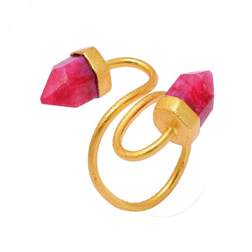 925 Sterling Silver Ruby Pencil Shape Gemstone Gold Plated Band Designer Ring Jewelry