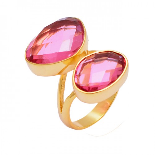 Pink Quartz Oval Shape Gemstone 925 Sterling Silver Gold Plated Handmade Ring Jewelry