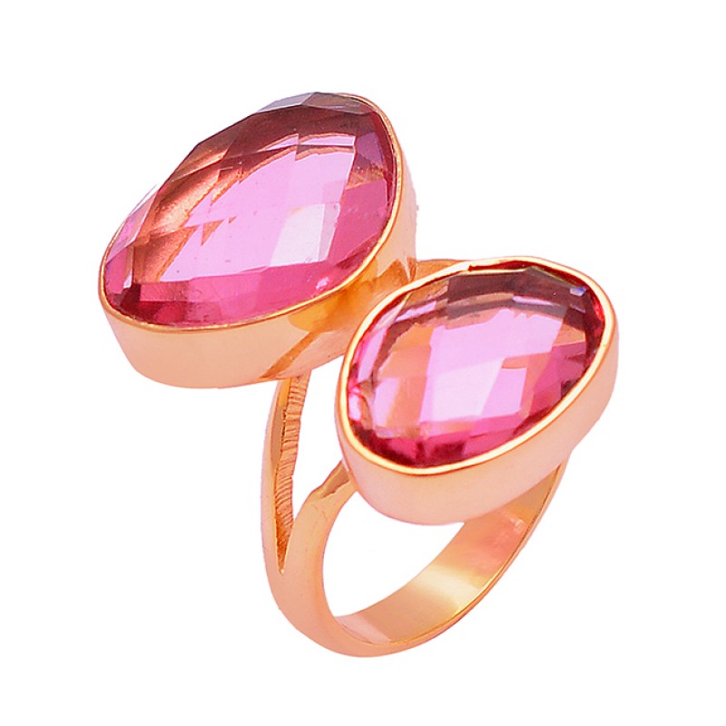 Pink Quartz Oval Shape Gemstone 925 Sterling Silver Gold Plated Handmade Ring Jewelry