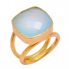 Cushion Shape Aqua Chalcedony Gemstone 925 Sterling Silver Gold Plated Handmade Ring Jewelry