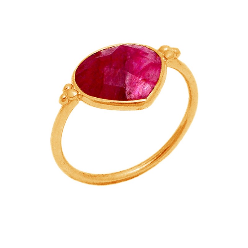 Heart Shape Briolette Ruby Gemstone 925 Sterling Silver Gold Plated Ring Jewelry