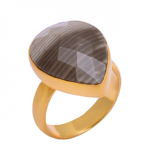 Pear Shape Banded Agate Gemstone 925 Sterling Silver Gold Plated Handmade Ring Jewelry