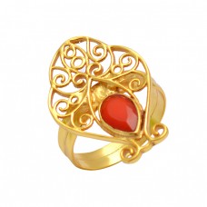 Filigree Style Carnelian Pear Shape Gemstone 925 Silver Gold Plated Ring Jewelry