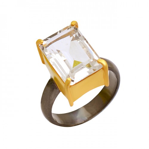 Rectangle Shape Crystal Quartz Gemstone 925 Sterling Silver Gold Plated Designer Ring Jewelry